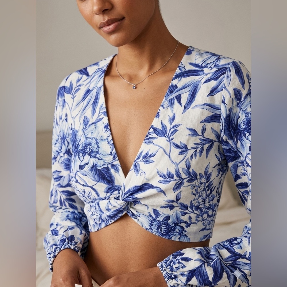 H&M Blue Floral Low V-Neck Linen Blend Top Twist Front Puff Cinched Sleeves XS